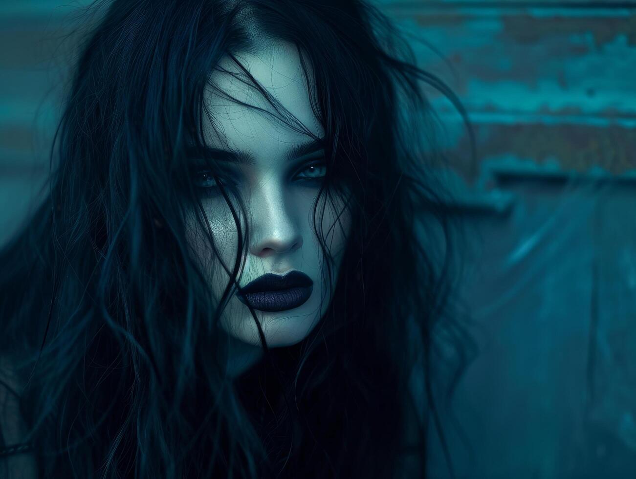 Mysterious woman with dark makeup in a moody setting photo