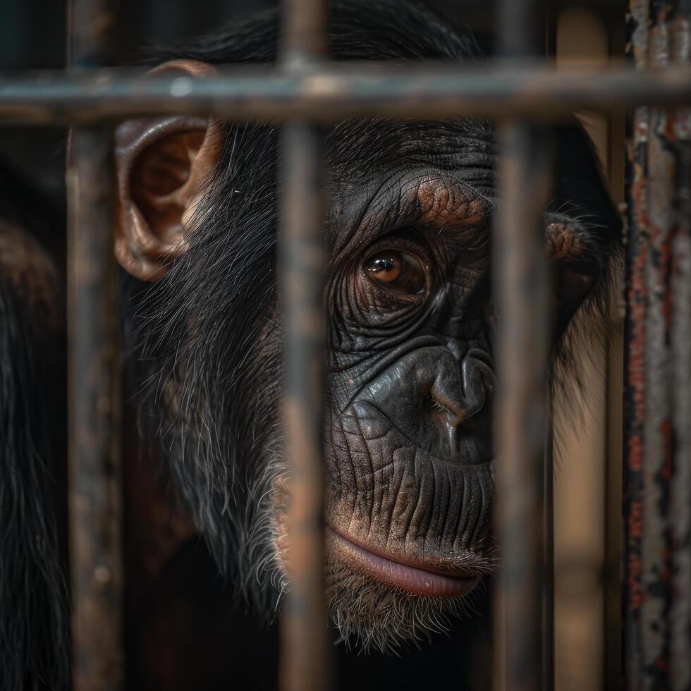Chimpanzee behind bars looking out with a thoughtful expression photo