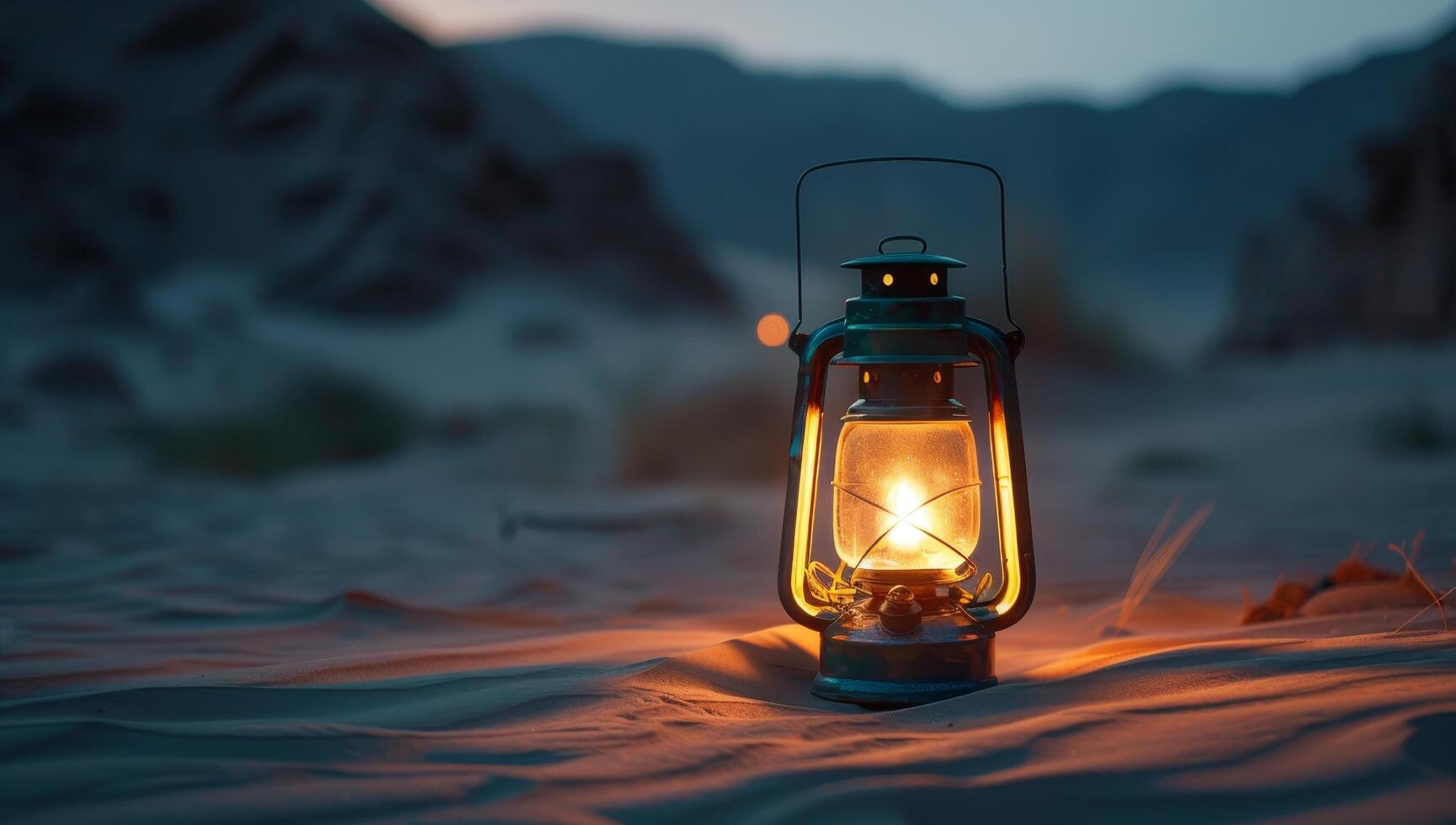 Illuminated lantern on a sandy desert at dusk photo