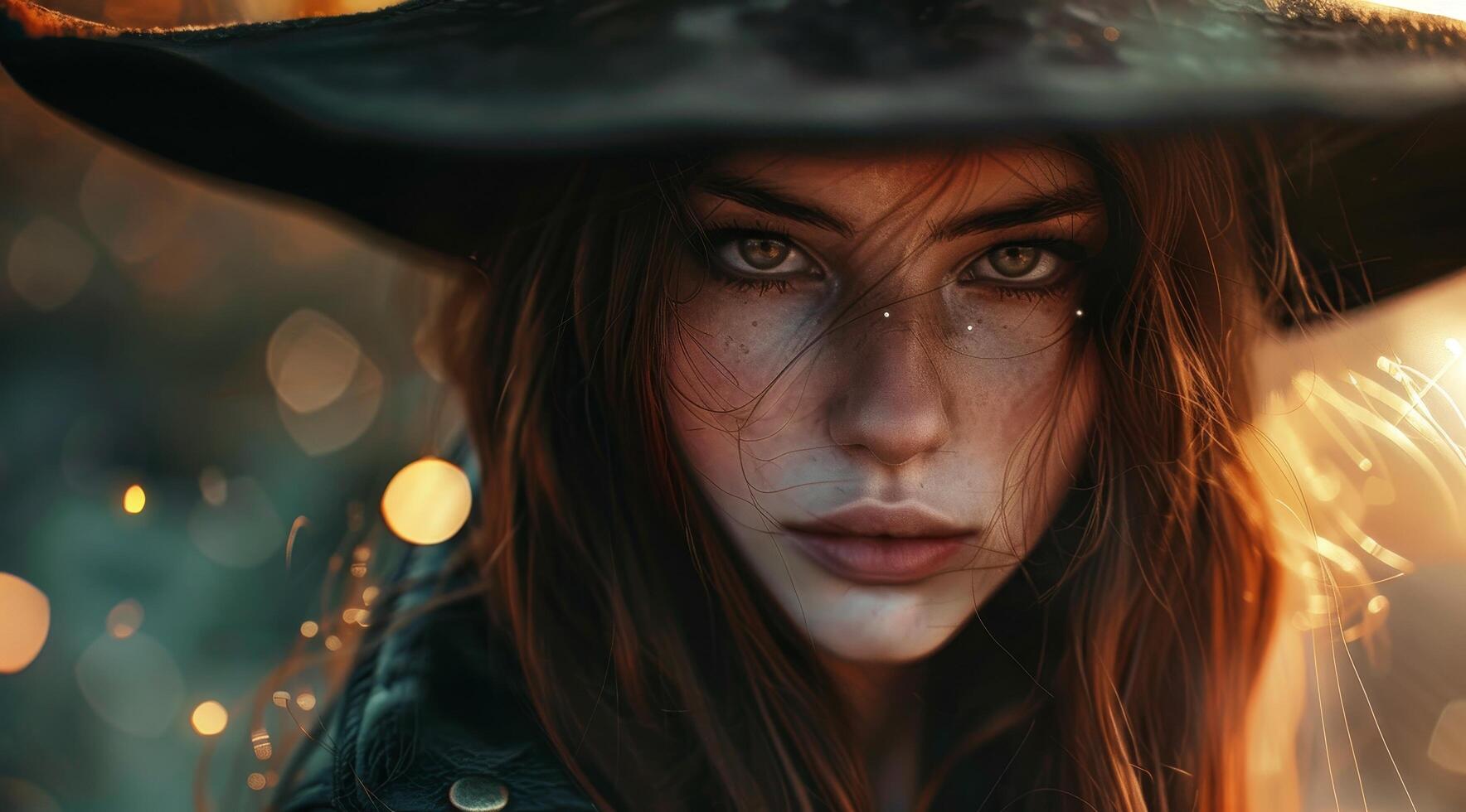 Mysterious woman in a hat with sparkling bokeh lights photo