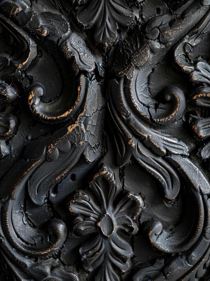 Close up of Ornate Black Relief Carving with Golden Accents photo