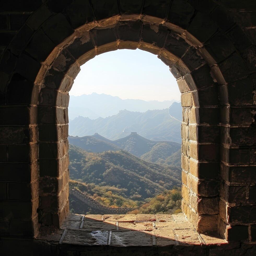 View through an ancient archway overlooking mountainous landscape photo