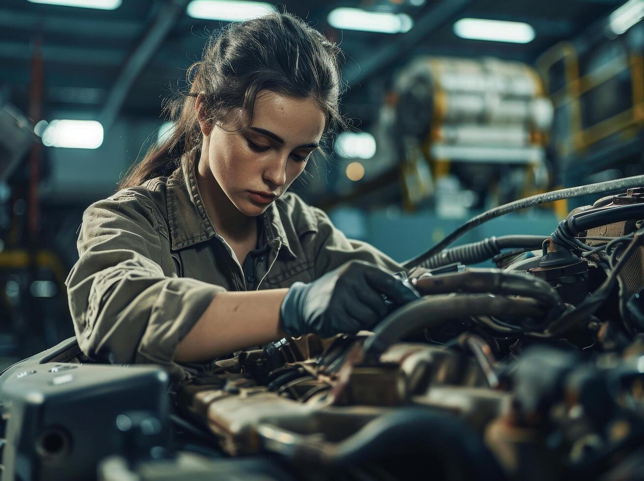 Female mechanic working on a car engine in a workshop photo