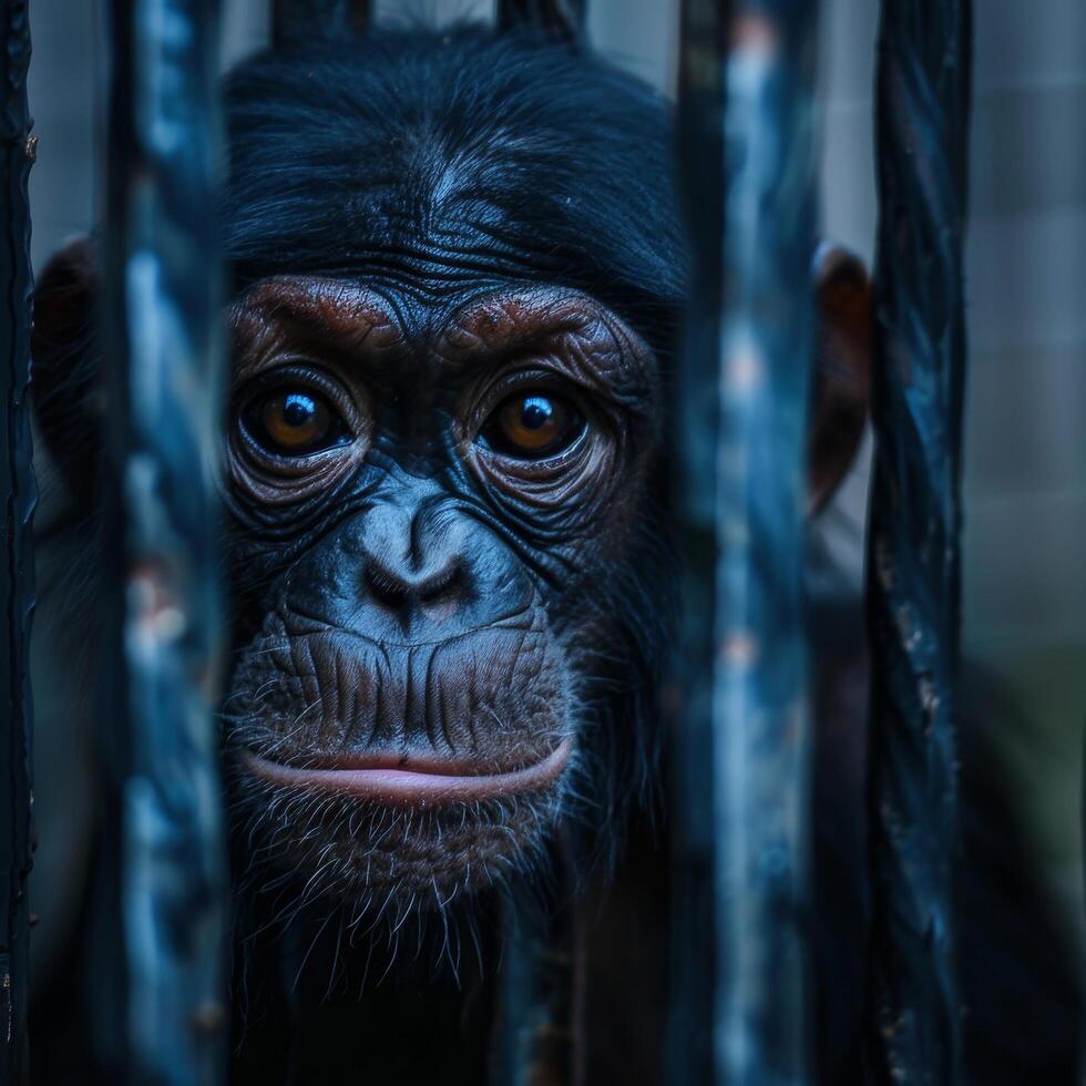 Chimpanzee behind bars looking directly at the camera photo