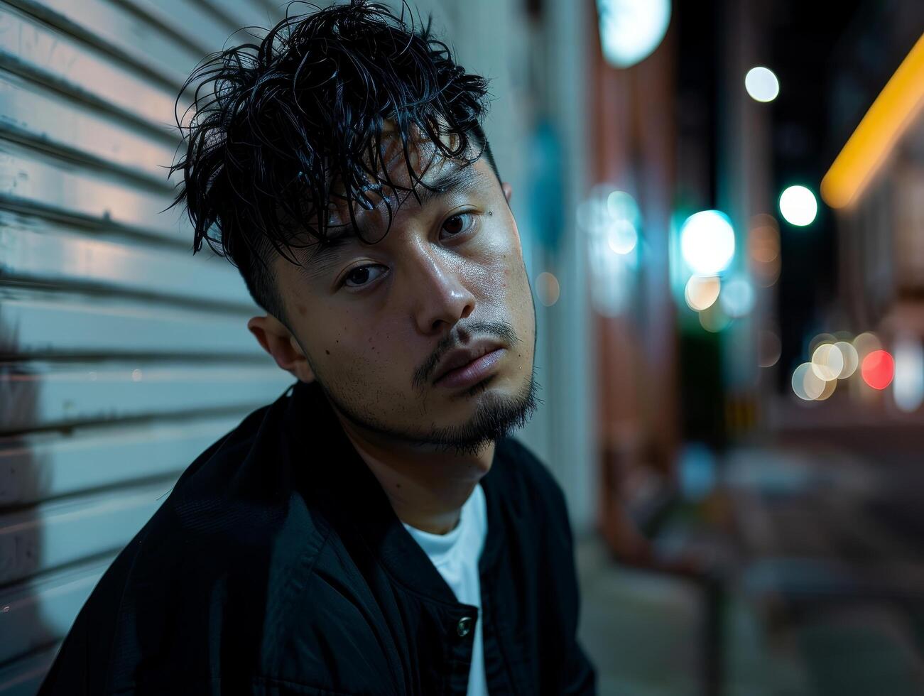 Young man with a serious expression standing in a city at night photo