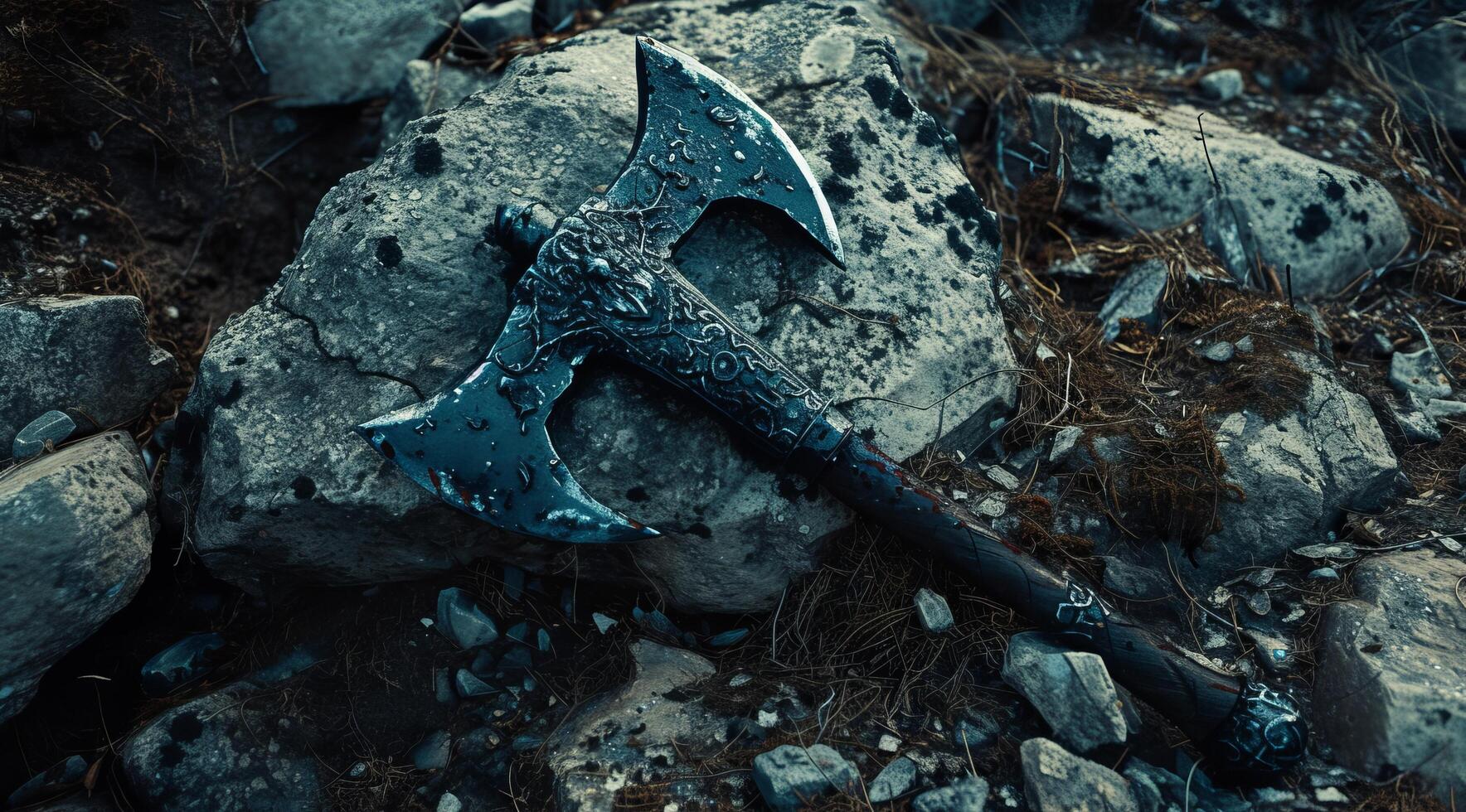 Mystical Axe Resting on Rocky Terrain photo