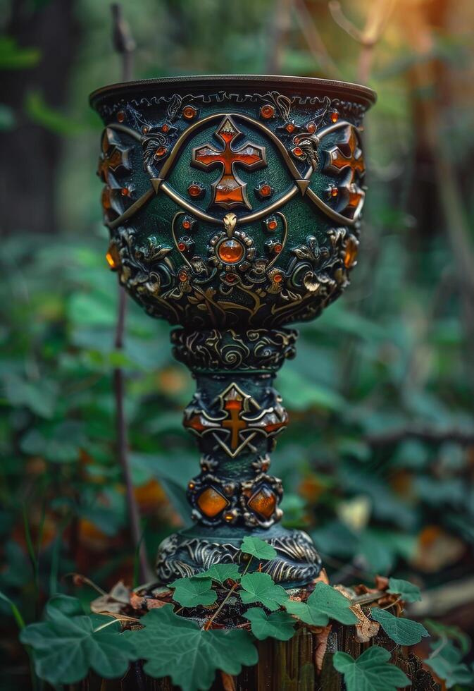 Ornate Antique Chalice in a Mystical Forest Setting photo