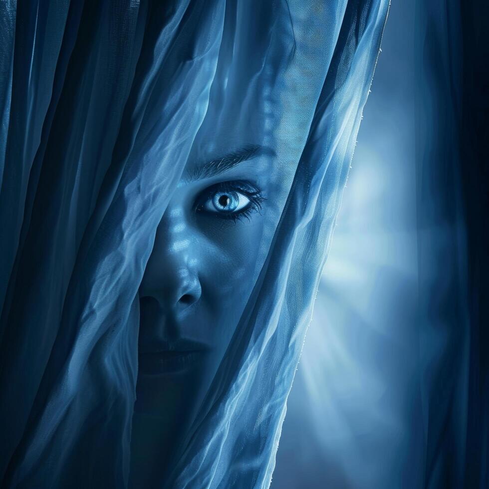 Mysterious woman peeking through a sheer blue veil photo