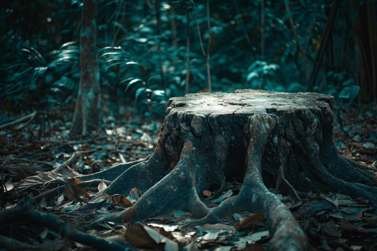 Mystical tree stump in a dark forest photo
