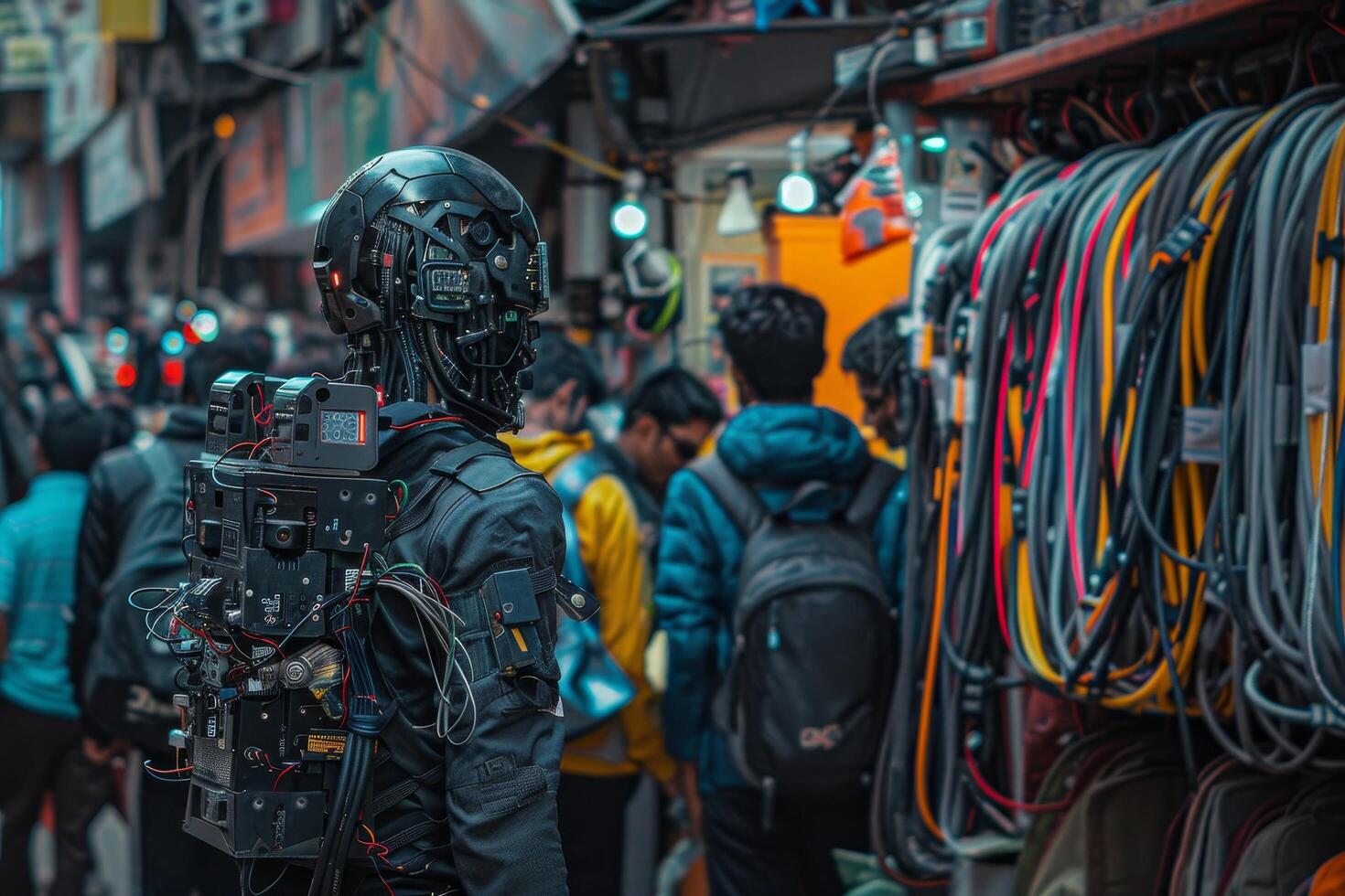 Futuristic robot exploring an urban market photo