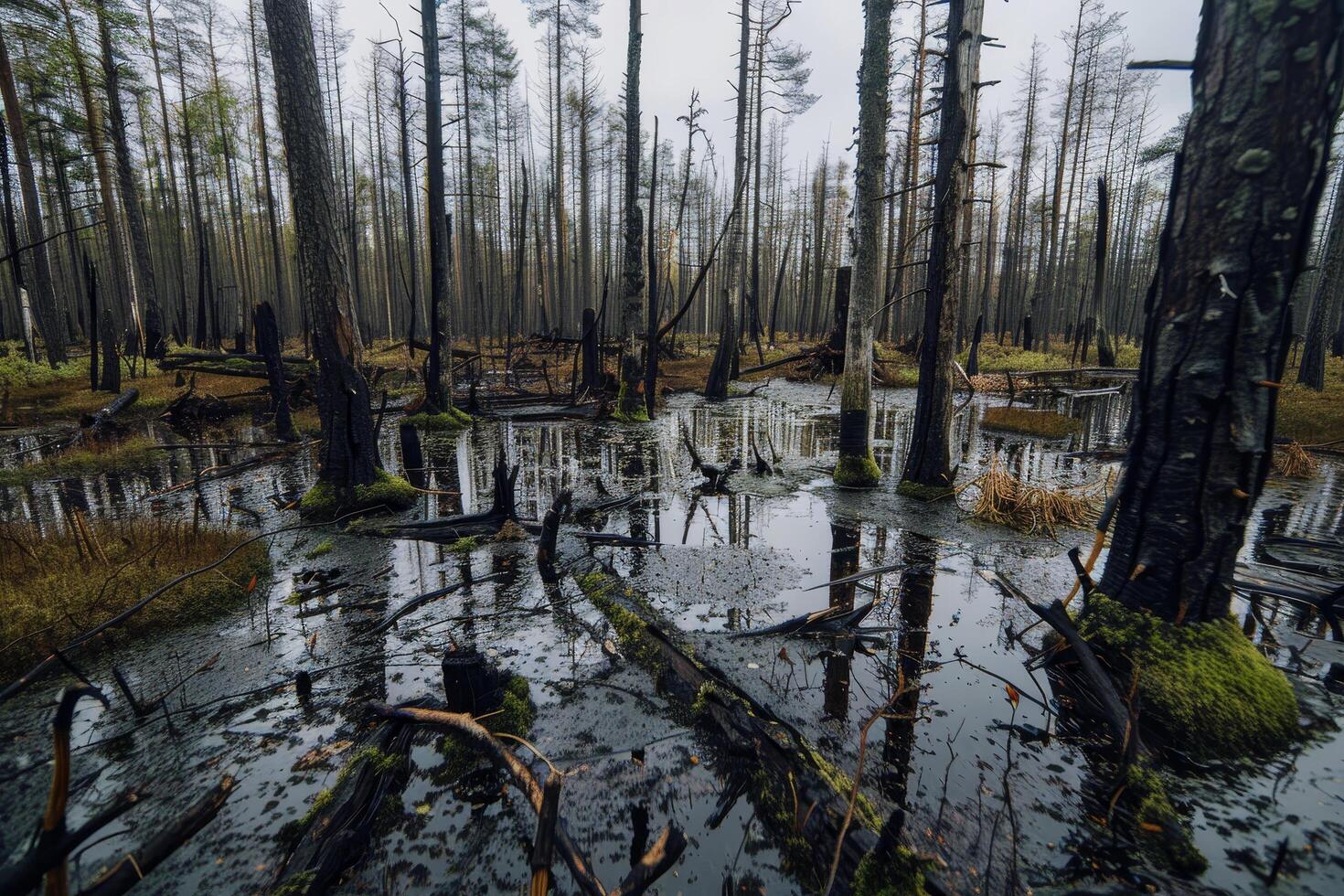 Misty swamp with dead trees and reflective water photo