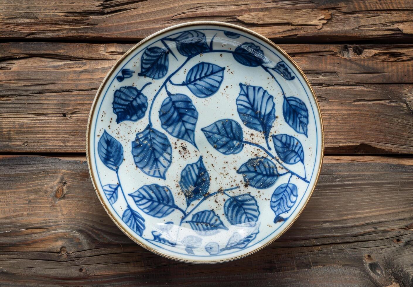 Vintage ceramic plate with blue leaf pattern on a wooden background photo