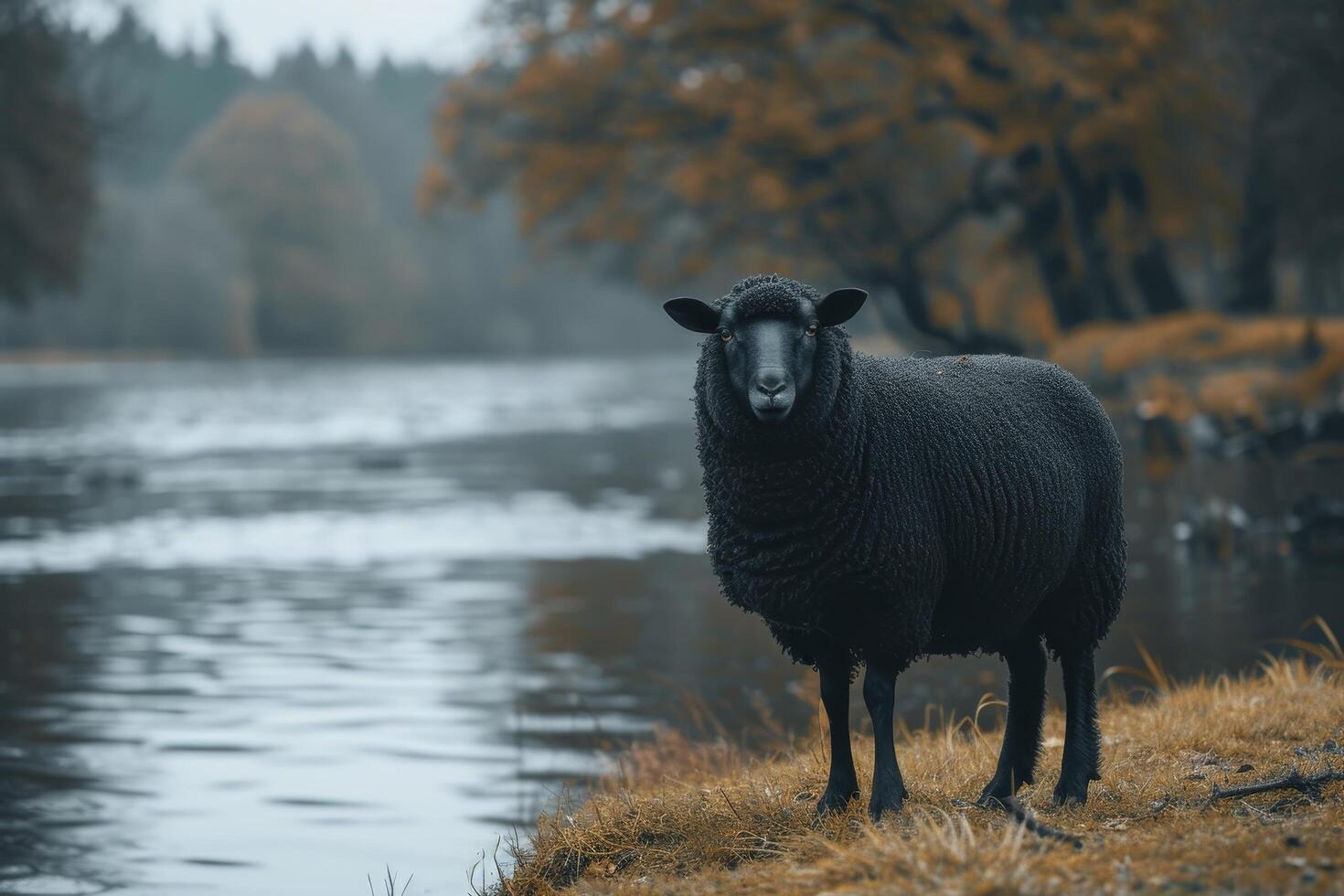 Black sheep standing by a serene lake in autumn photo