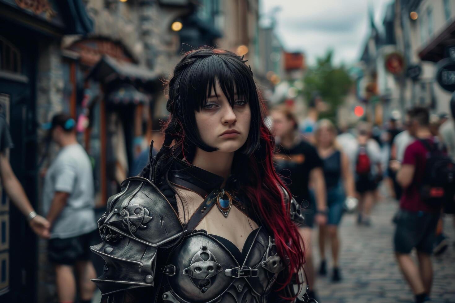 Cosplayer in detailed armor costume at a crowded event photo