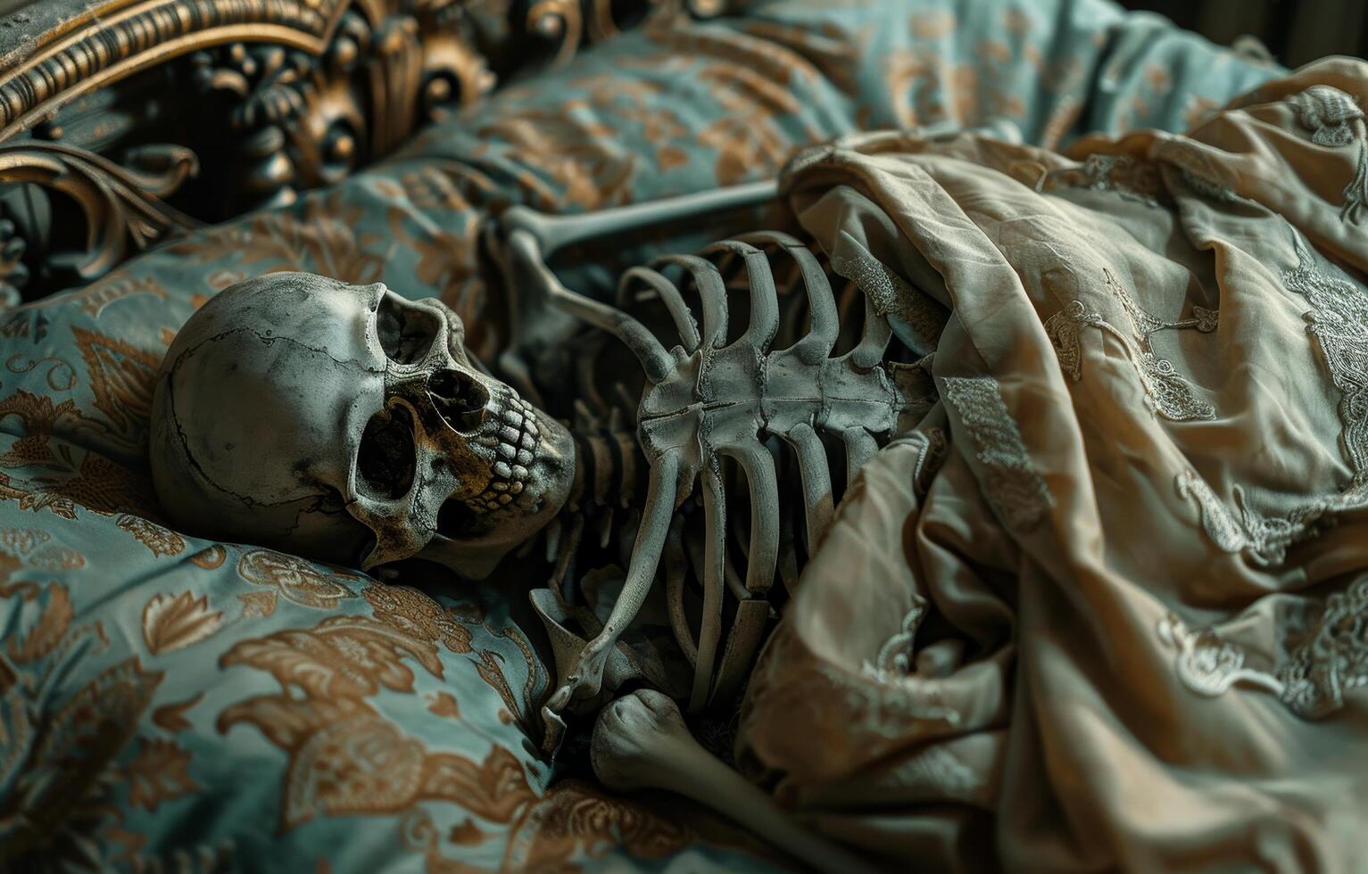 Skeleton lying on an ornate bed with vintage bedding photo