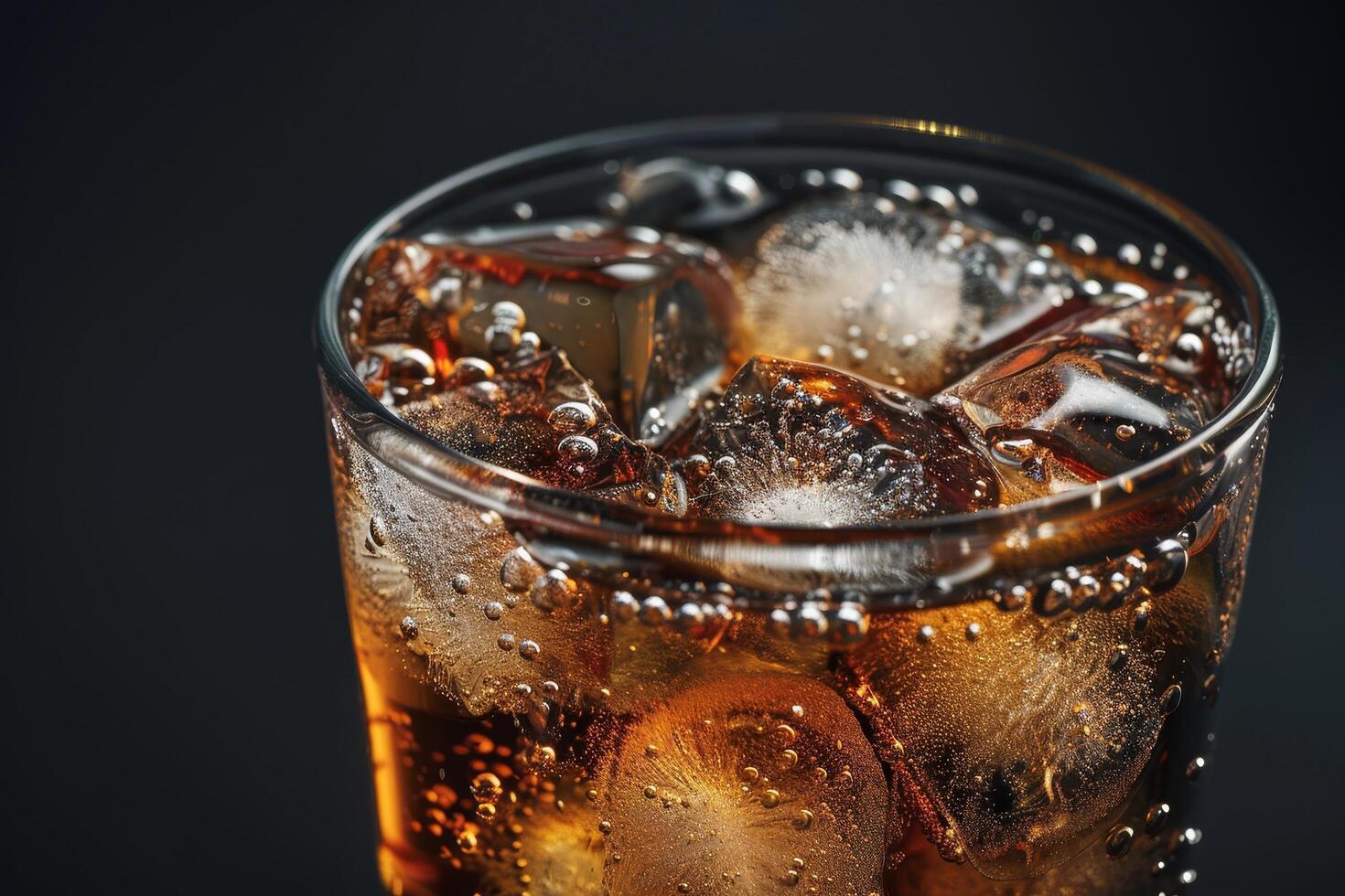 Close up of a refreshing glass of soda with ice cubes photo