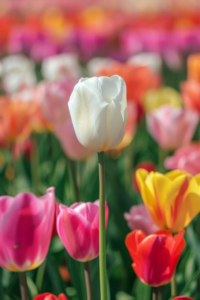 Single white tulip standing out in a colorful tulip field photo