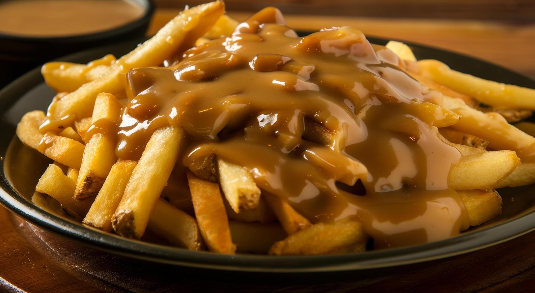 Delicious poutine with gravy and cheese curds on a plate photo