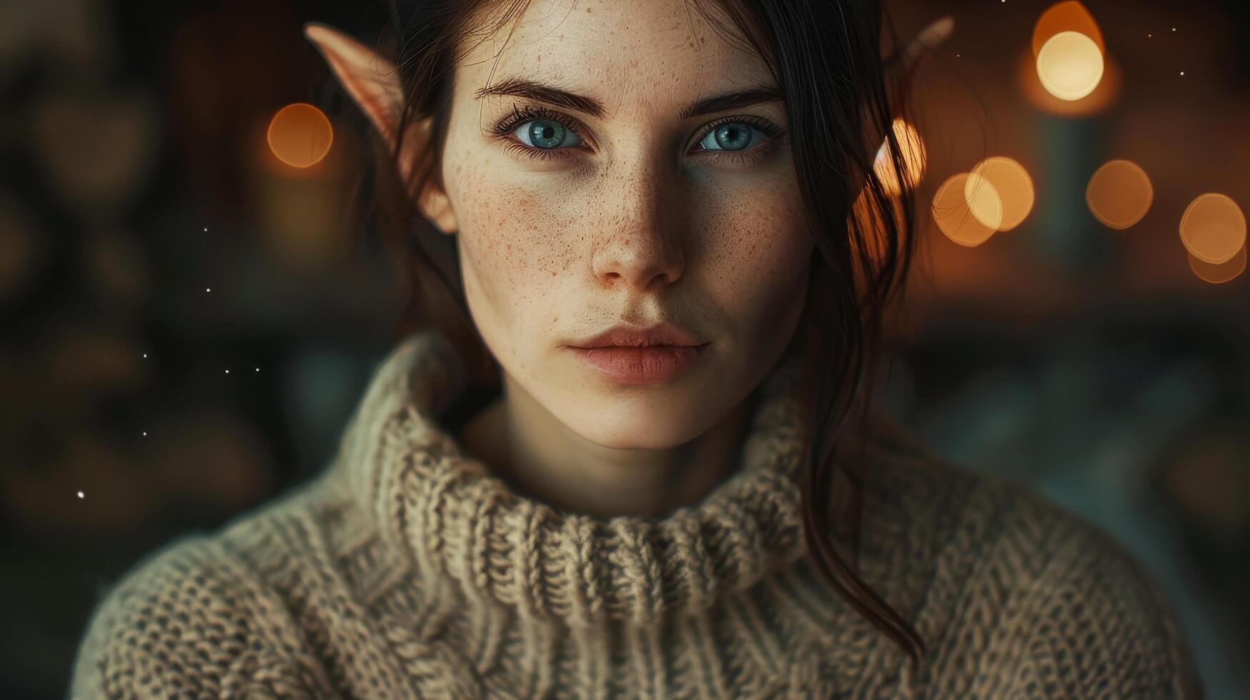 Portrait of a young woman with elf ears and freckles in a cozy setting photo