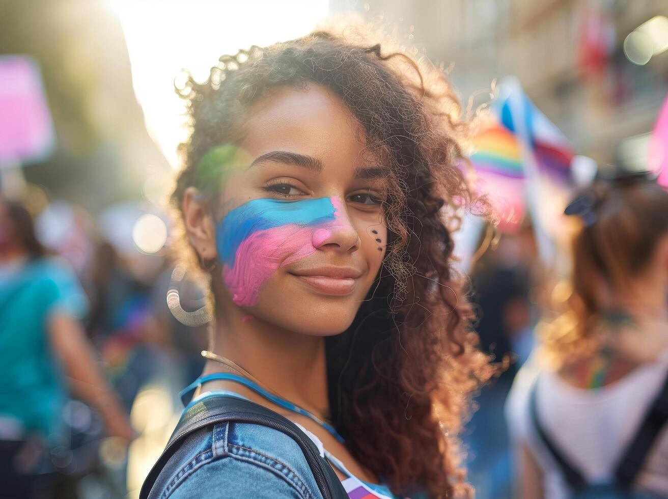 Young woman with colorful face paint at a street festival photo