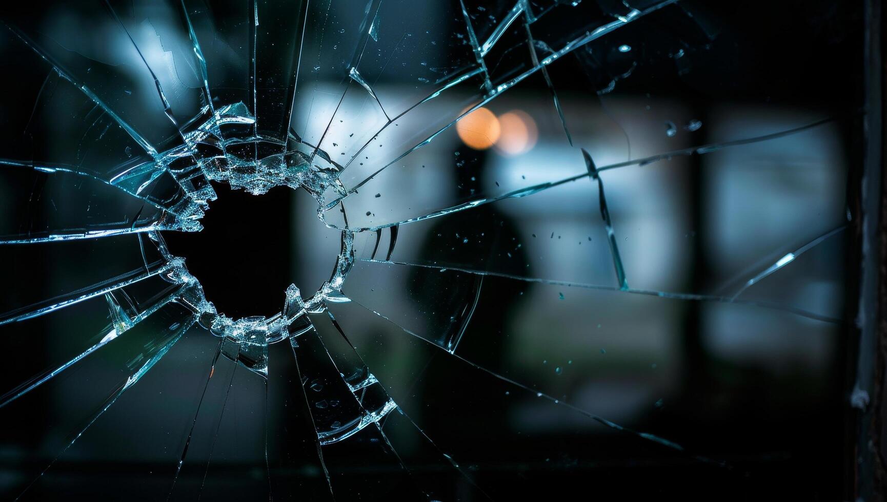 Close up of a shattered glass window with blurred background photo