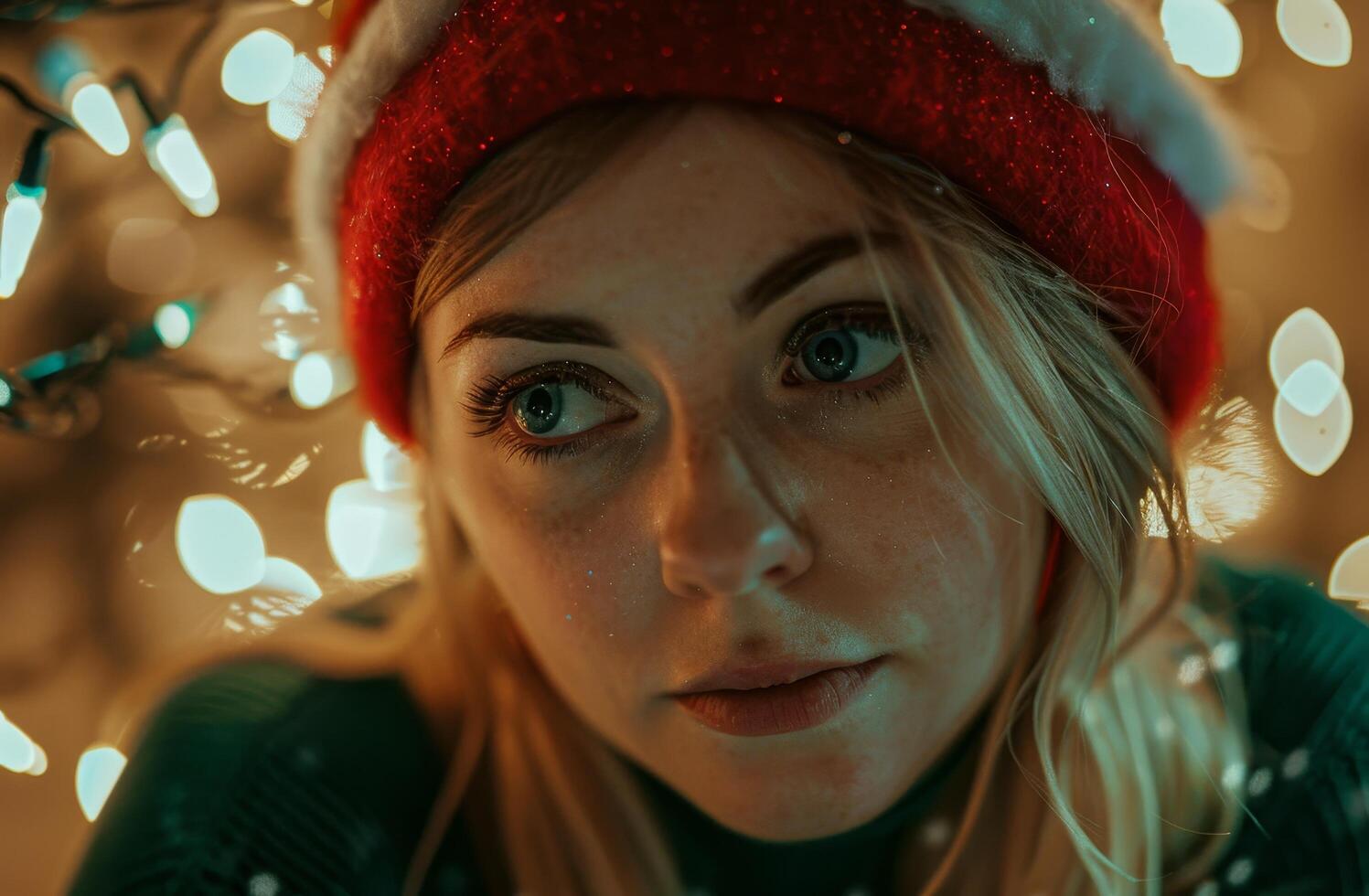Young woman in Santa hat illuminated by Christmas lights photo
