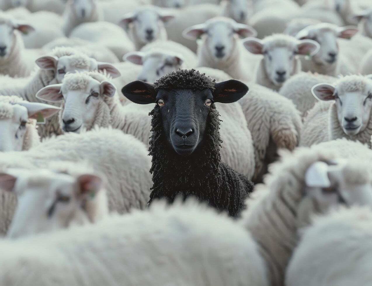 Black sheep standing out in a crowd of white sheep photo