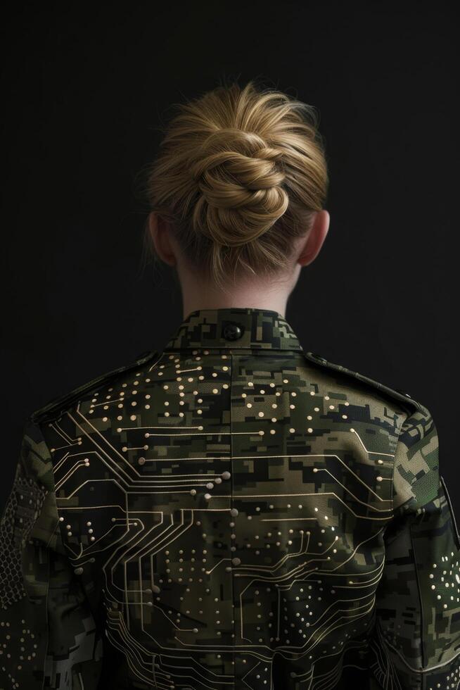 Woman in a circuit pattern jacket facing away photo