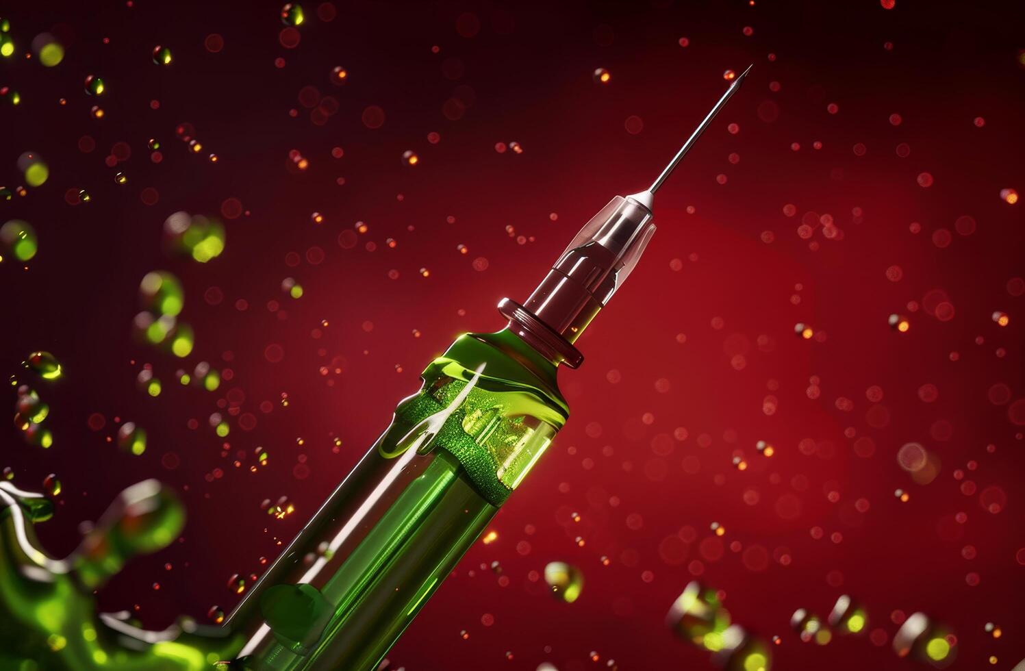 Syringe with green liquid splashing against a red background photo