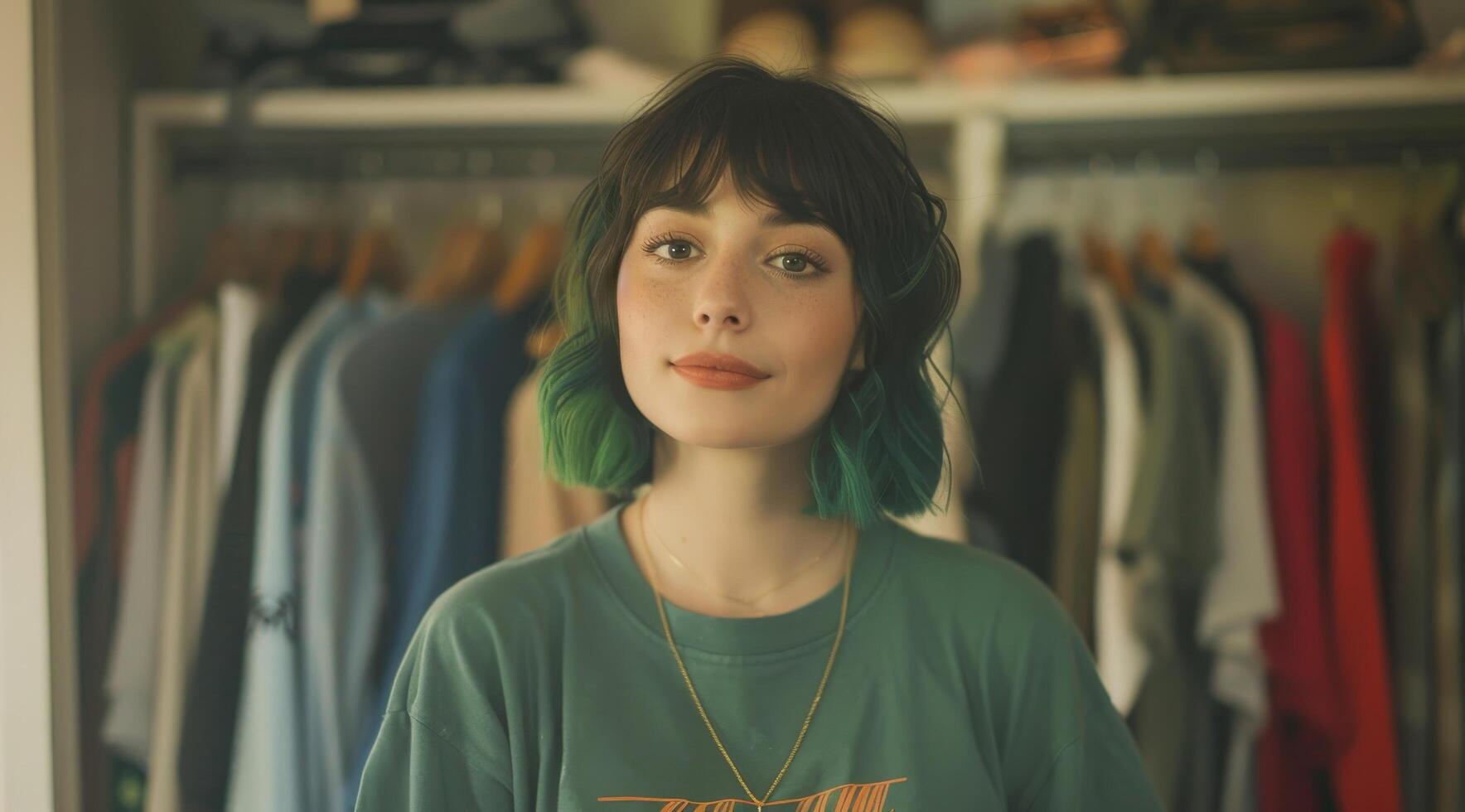 Young woman with green hair standing in front of a closet photo