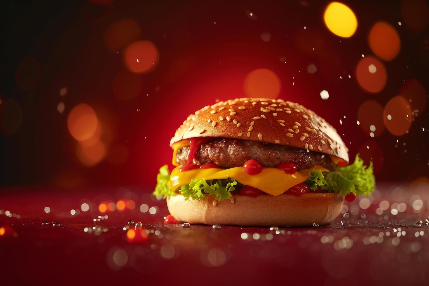 Delicious burger with cheese and fresh vegetables on a sparkling background photo