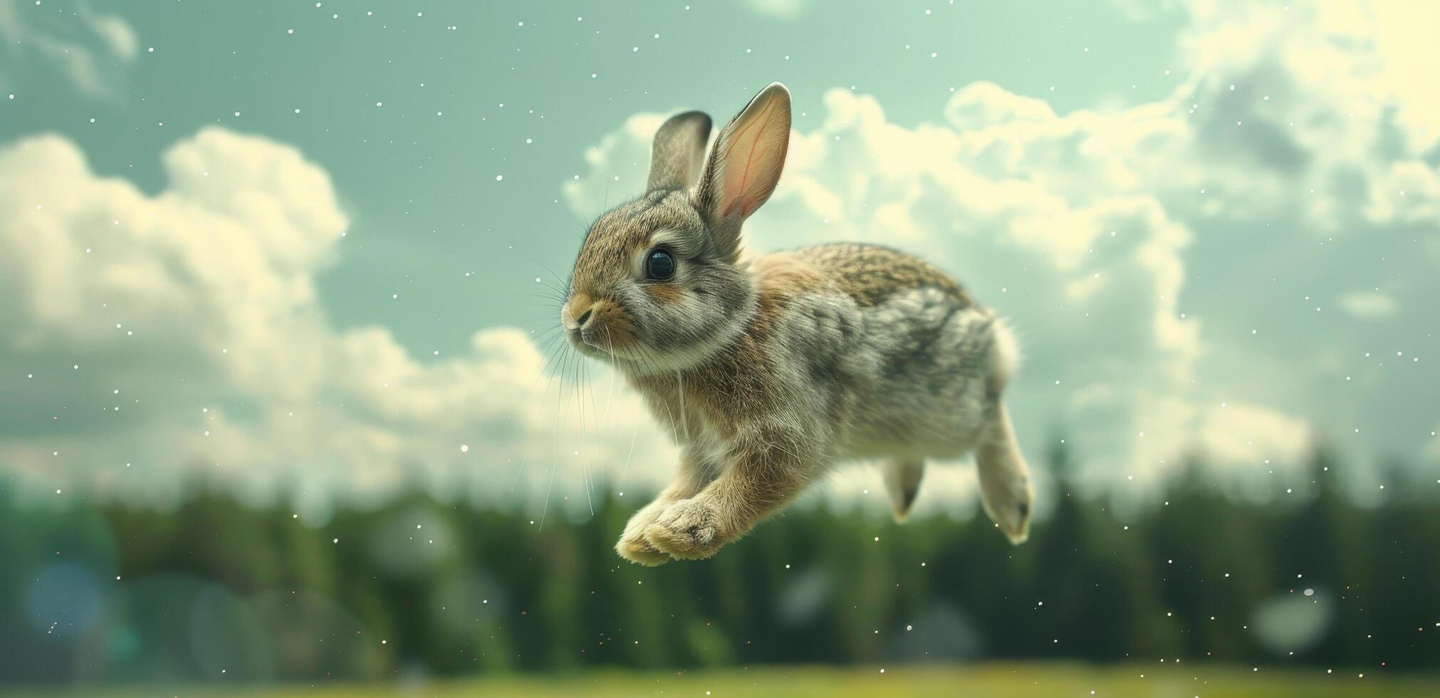 Magical Bunny Hopping in Mid Air Against a Dramatic Sky photo