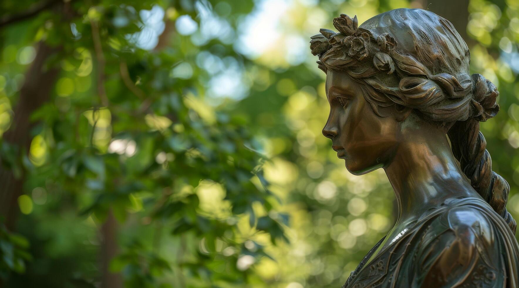 Bronze statue of a woman in a serene park setting photo