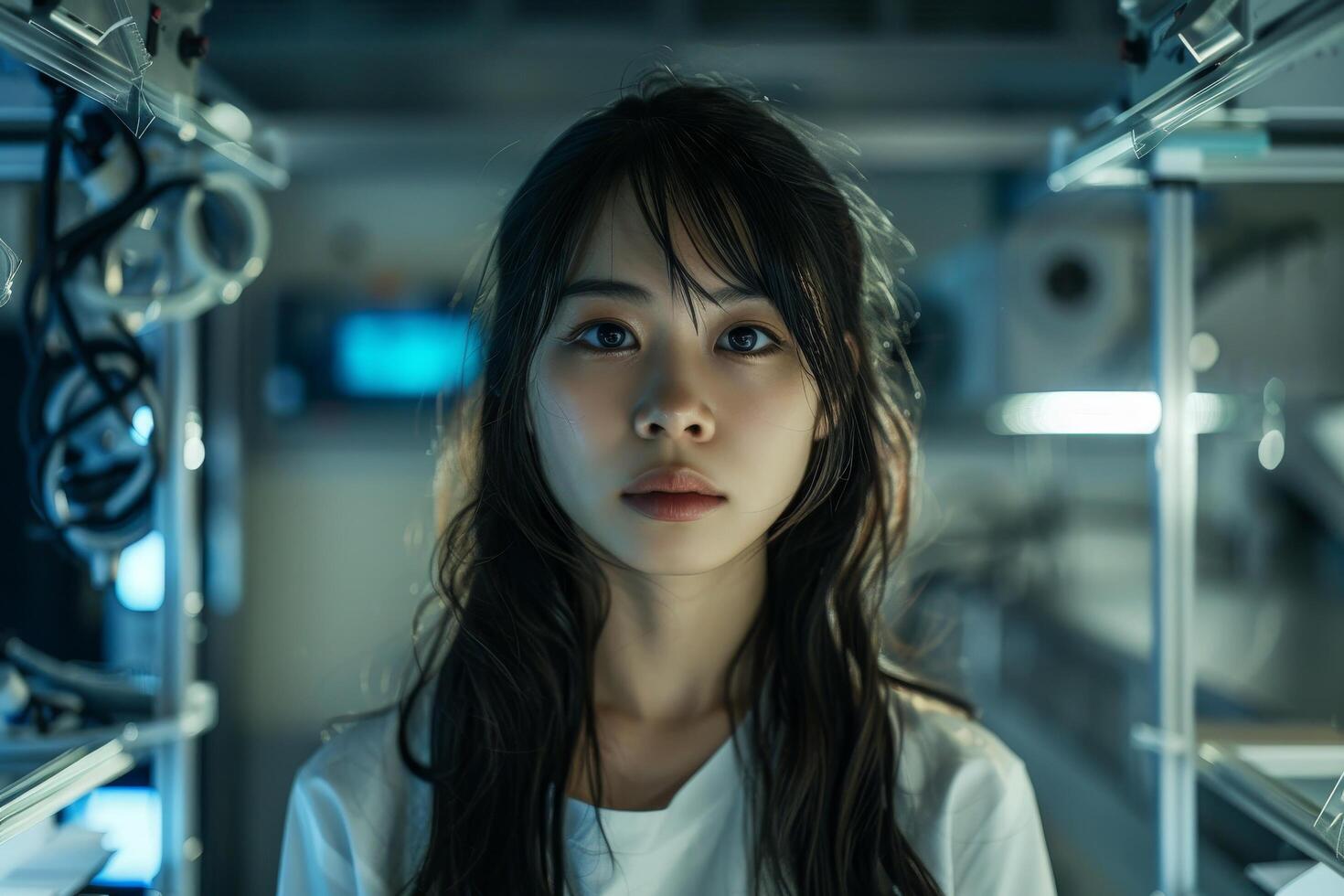 Young female scientist working late in a high tech laboratory photo