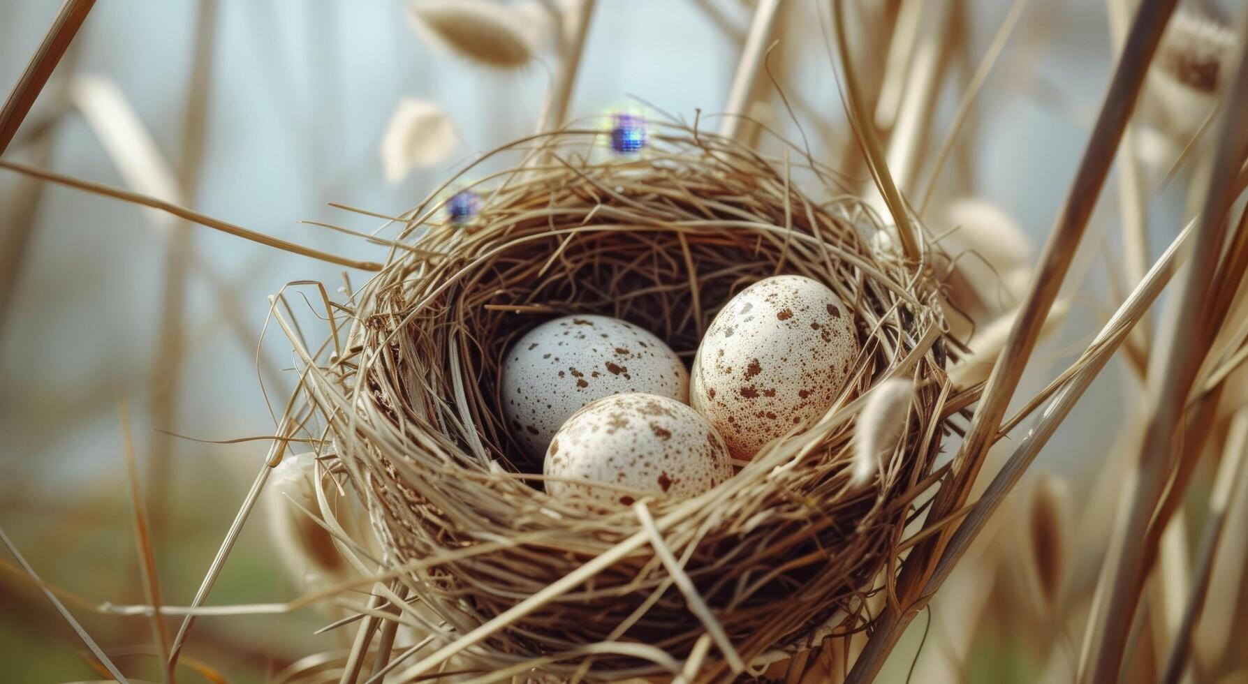 Bird eggs nestled in a natural nest among reeds photo