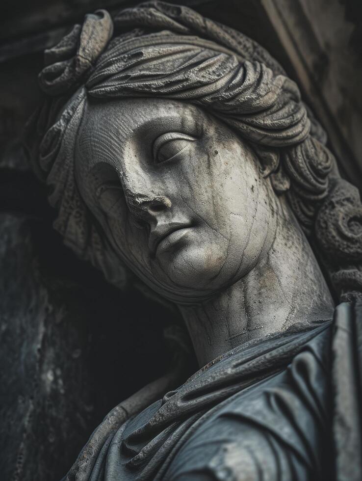 Close up of an ancient stone statue with intricate details photo