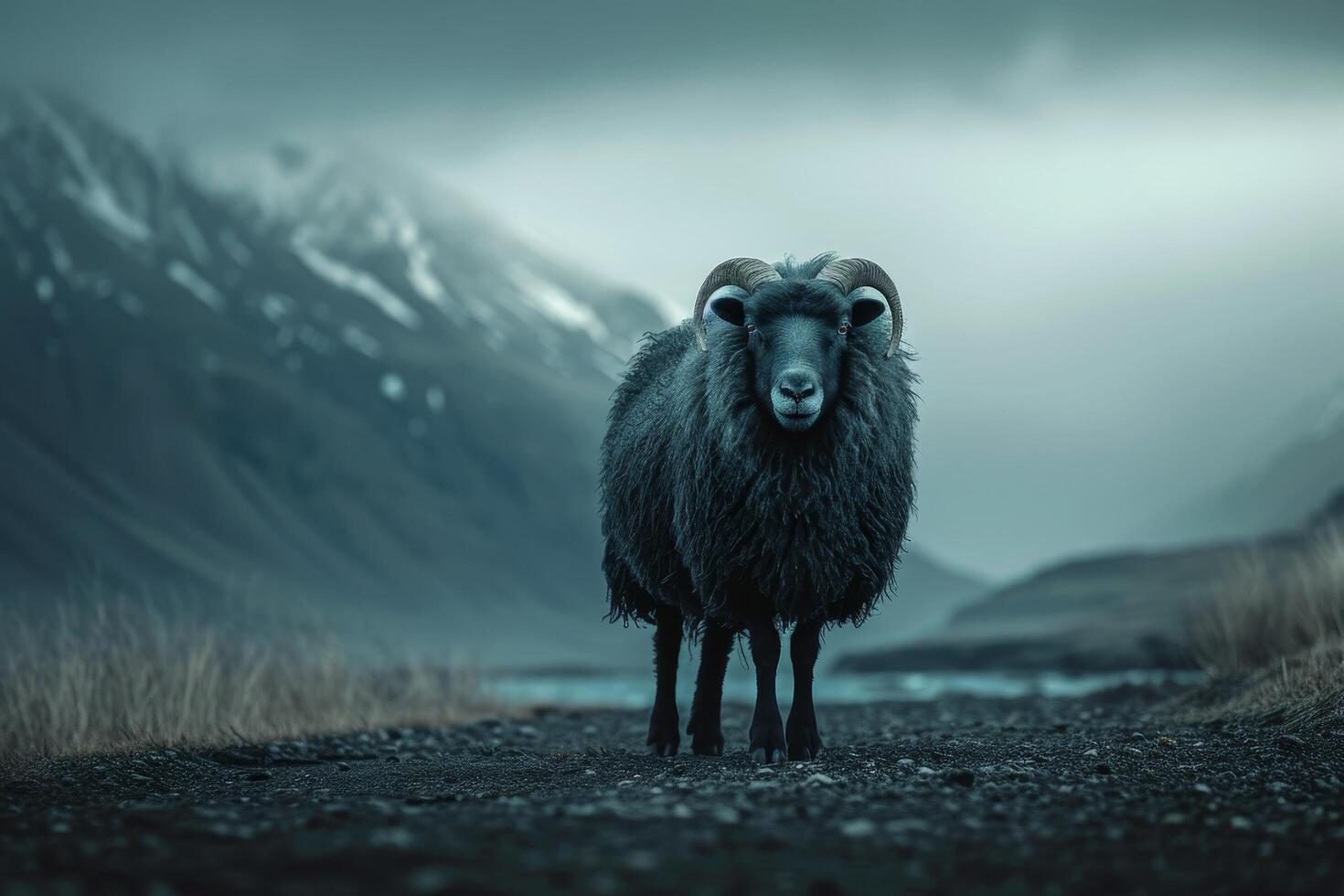Majestic black sheep standing on a mountain road with misty hills in the background photo