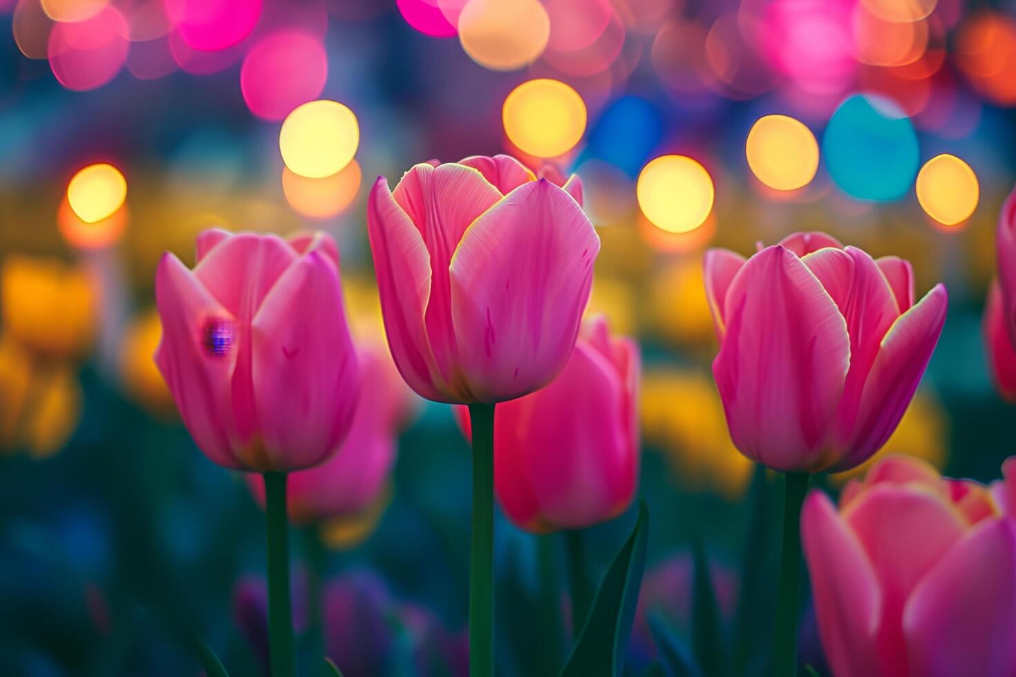 Vibrant Tulips Blooming at Twilight with Colorful Bokeh Background photo