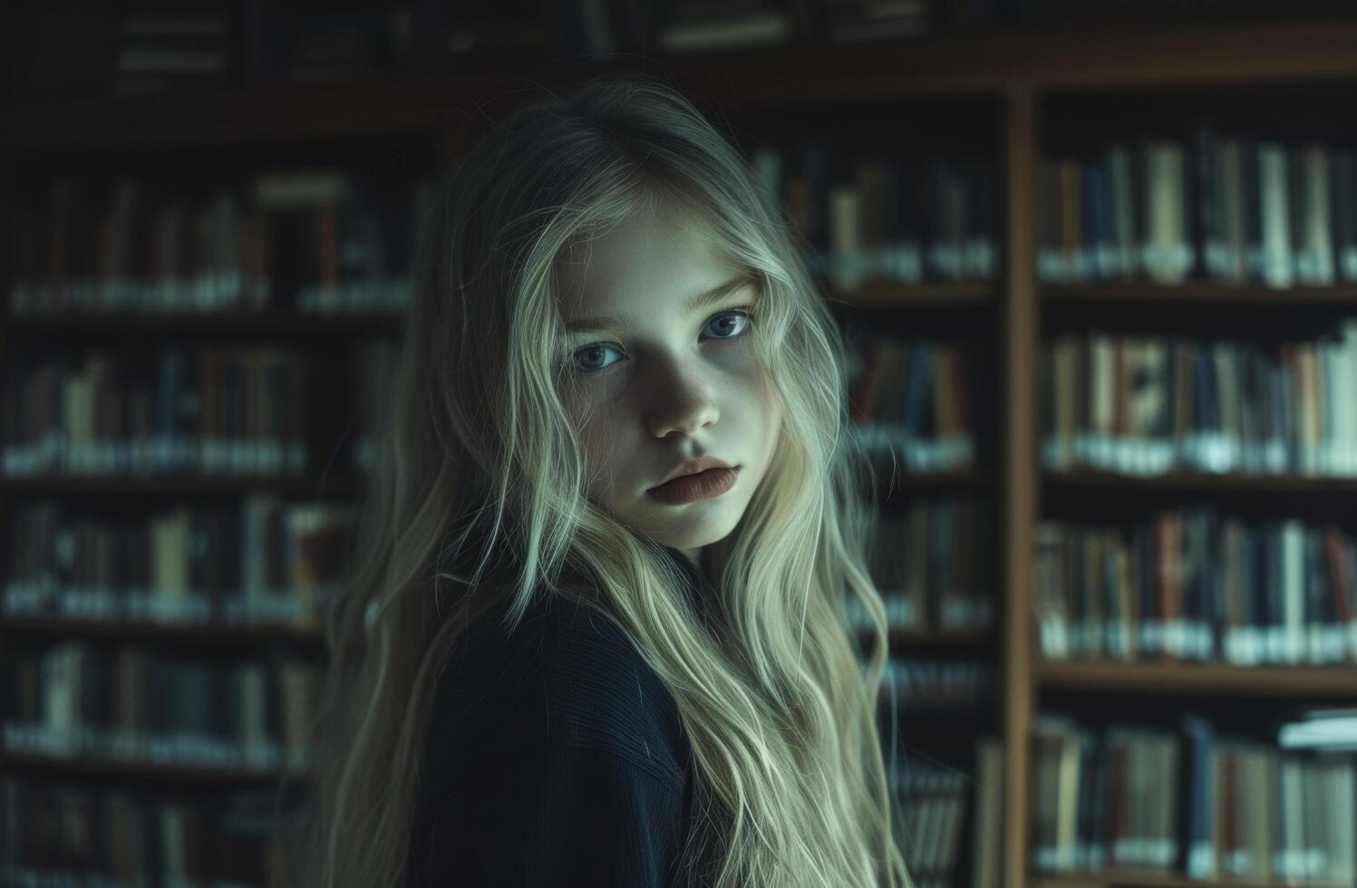 Young girl in library with a thoughtful expression photo