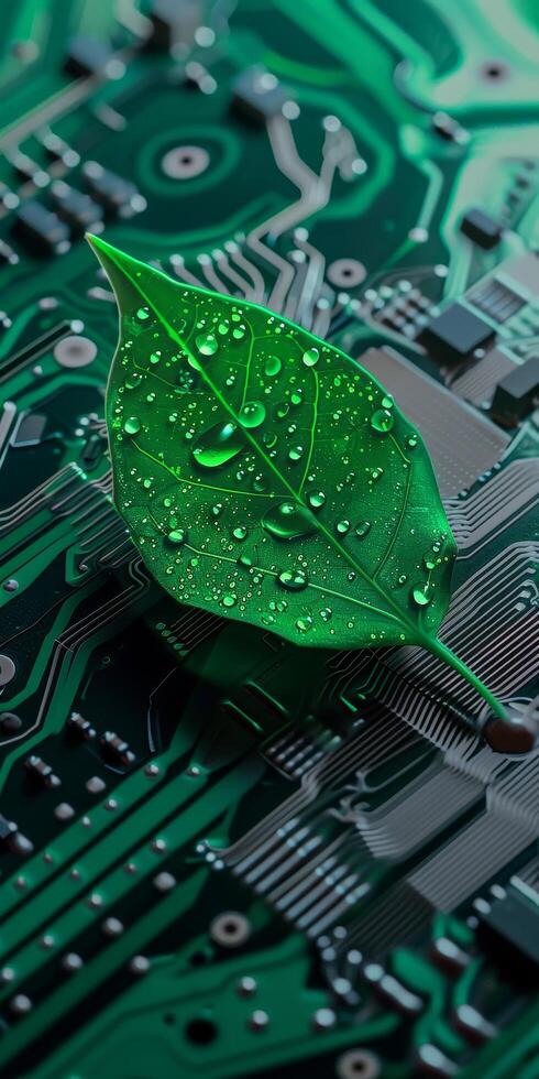 Green leaf with dew drops on a circuit board highlighting eco friendly technology photo