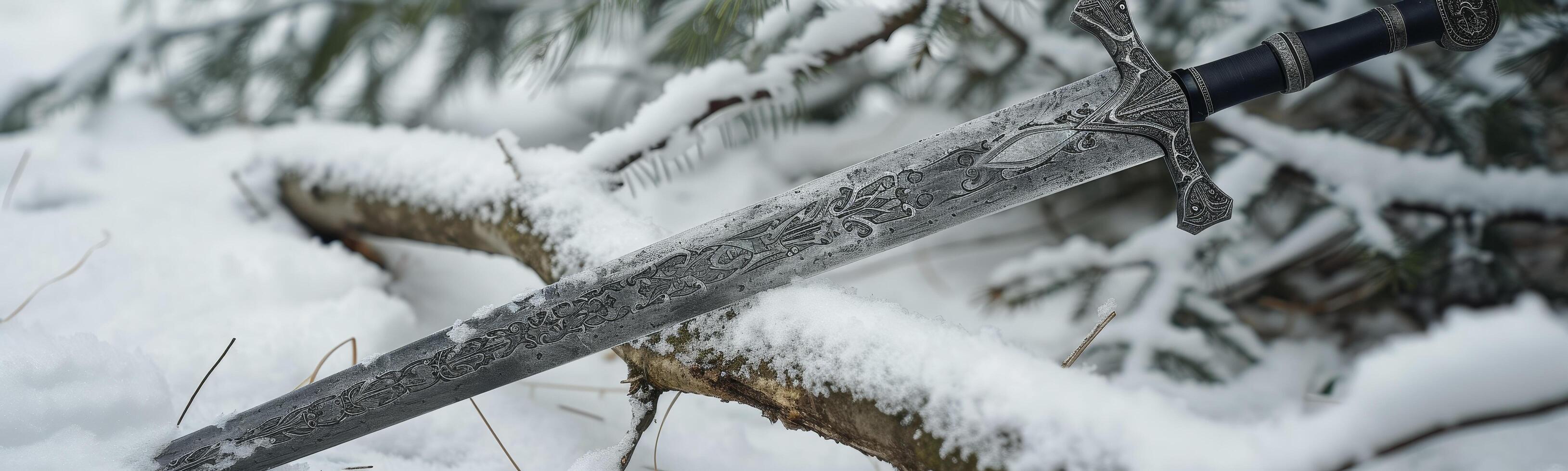 Ornate sword crossed on a snowy forest backdrop photo