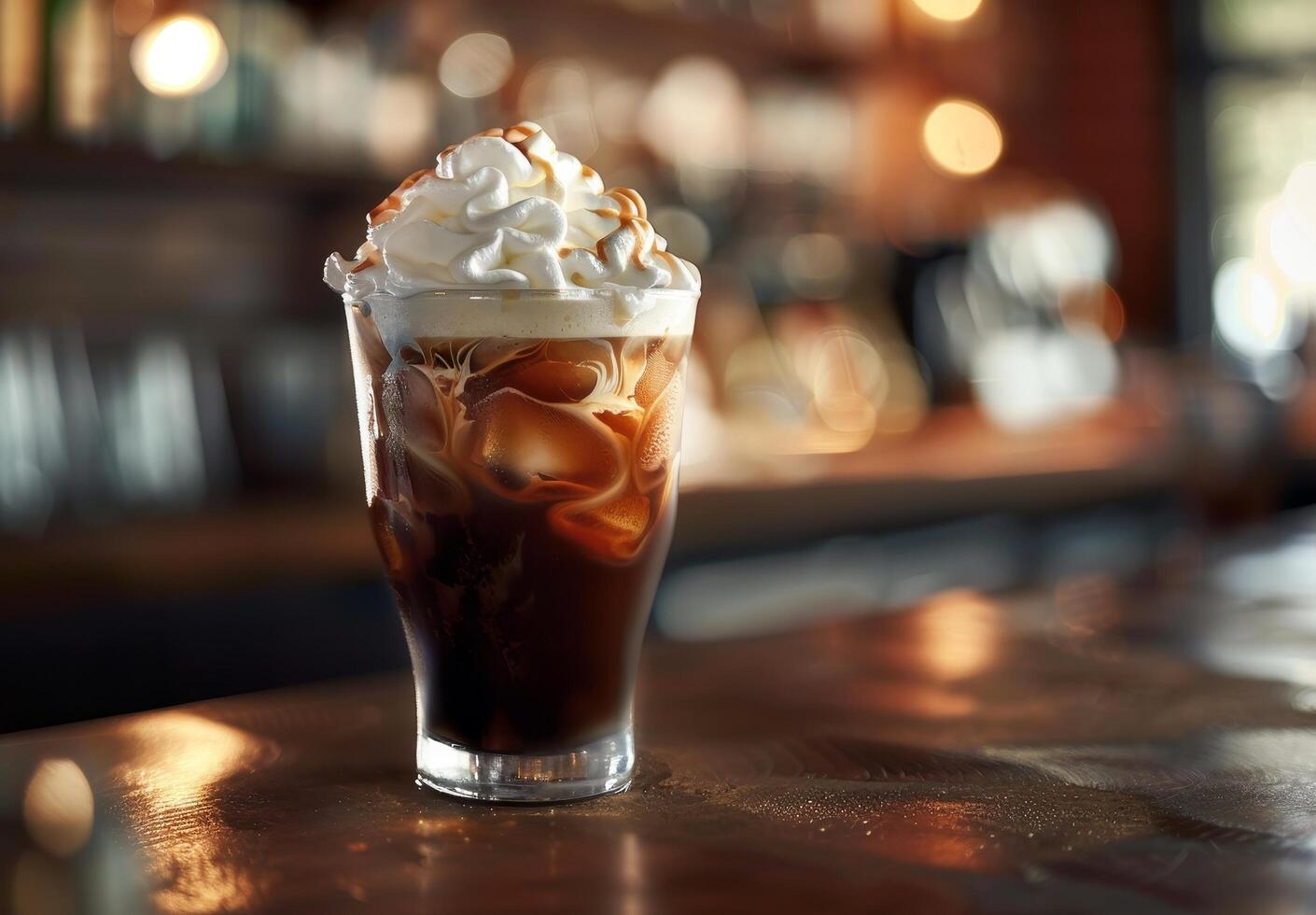 Iced coffee with whipped cream on a cafe table photo
