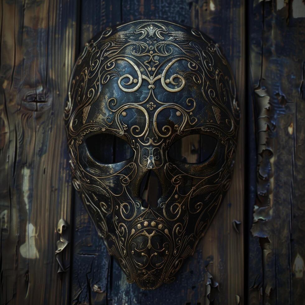 Ornate antique mask hanging on a rustic wooden door photo