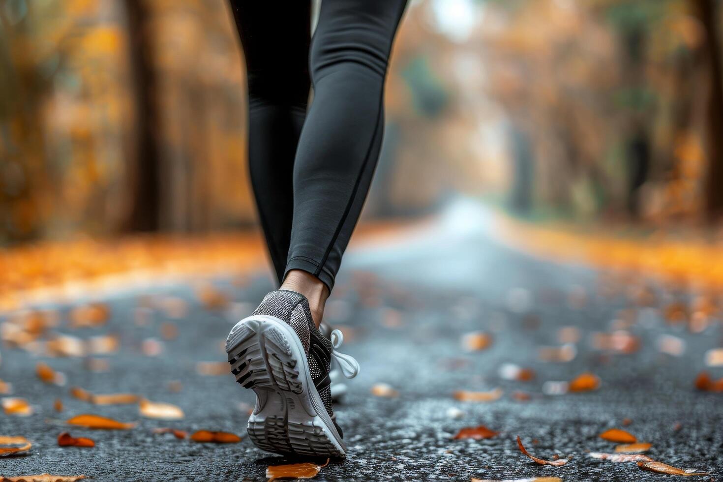 Autumn jogging on a leaf covered path photo