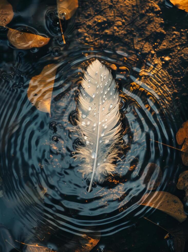 Feather floating on water with ripples and droplets photo
