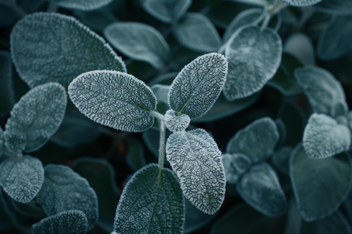 Frost covered leaves in a serene winter garden photo