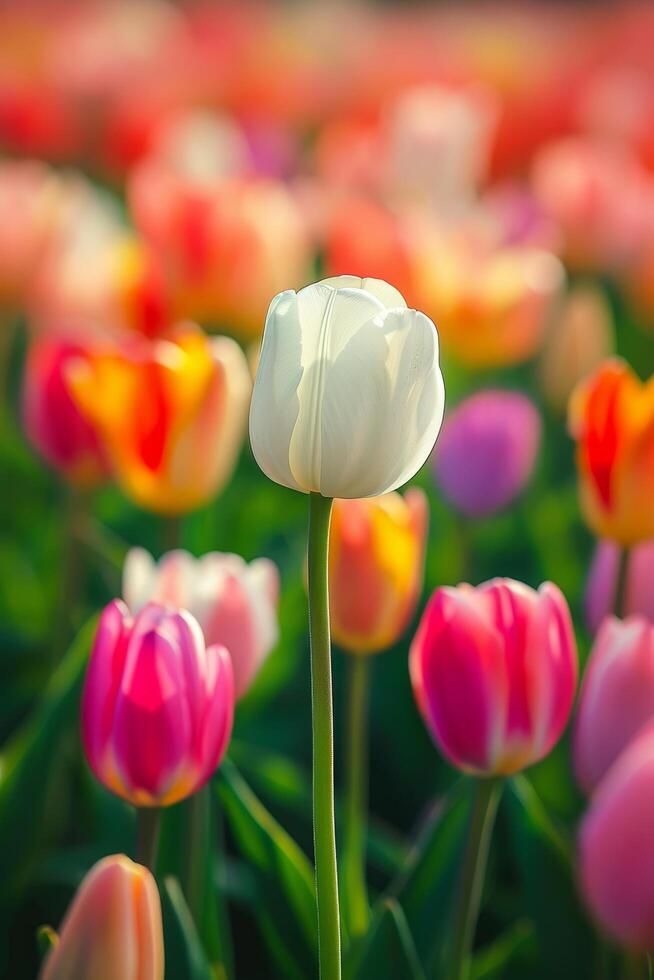 White Tulip Standing Out in a Colorful Tulip Field photo