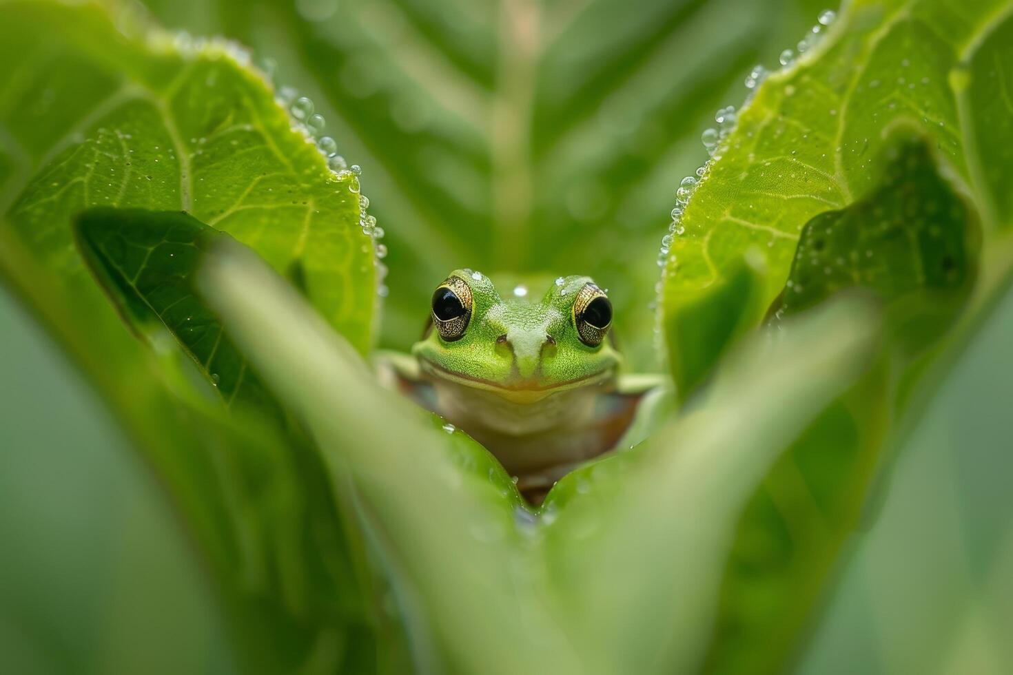 Green frog peeking through dewy leaves photo