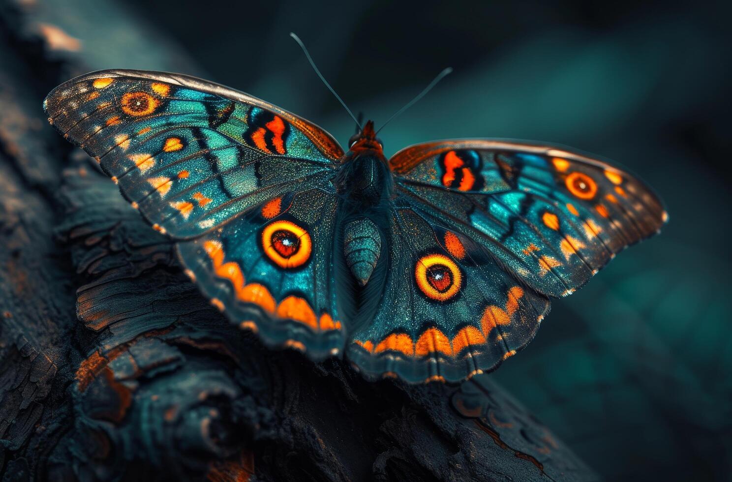 Vibrant Butterfly Resting on a Textured Bark photo