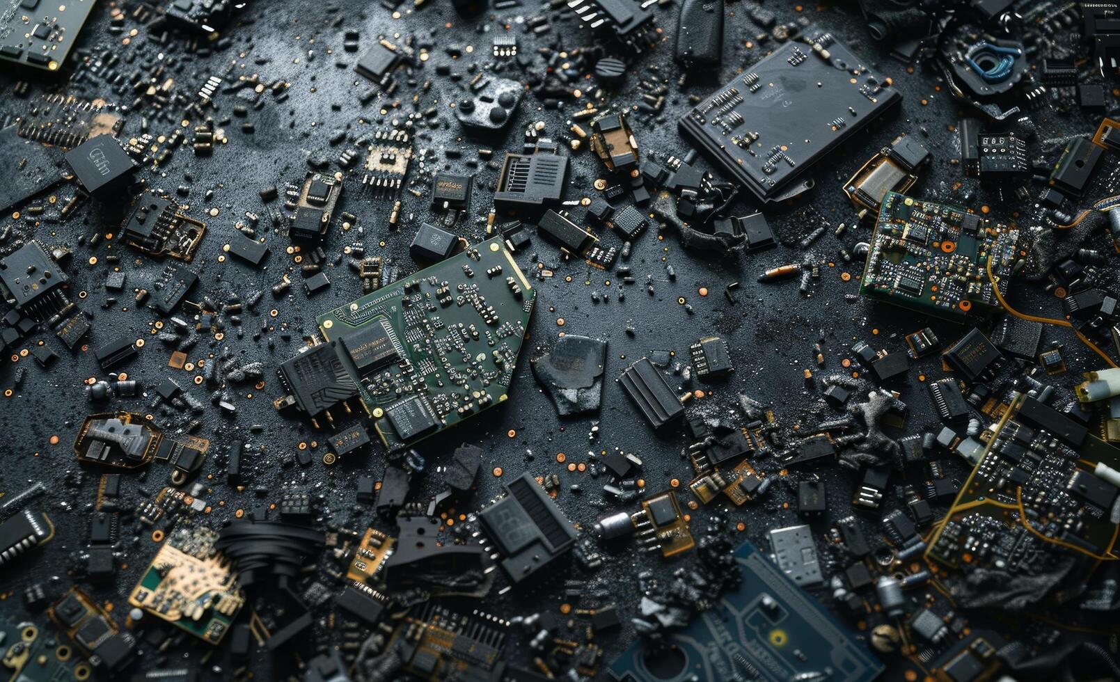 Assorted electronic components and circuit boards on a dark surface photo